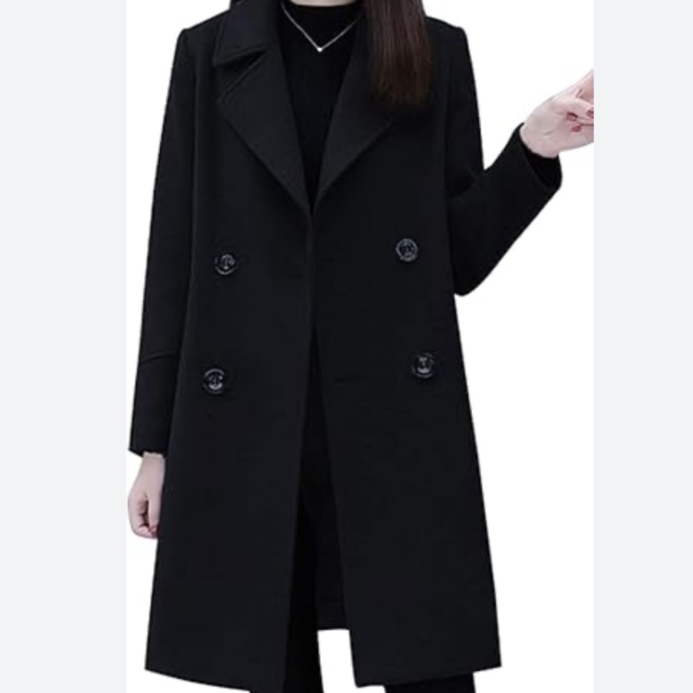 Chou Yatou Double Breasted Wool Blend Black Pea Coat Women’s Sz M with Pocket - Picture 2 of 16